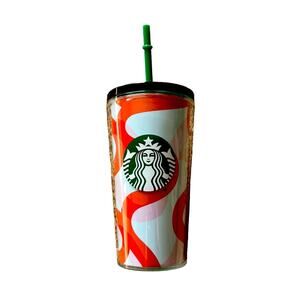 STARBUCKS NWOT 2023 Red striped Tumbler 16 fl oz with Green Lid and Straw